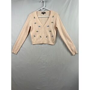 Lulus Floral Embroidered Pointelle Cardigan Women S Peach Excellent Crop V-Neck
